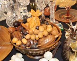 Handcarved wood fruit ina  bowl