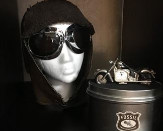 Flying Ace hat with driving goggles Fossil desk clock