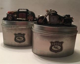 Fossil Hot Rod and Motorcycle desk clocks