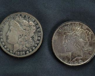 1887 Morgan Silver Dollar, 1922 Peace Dollar