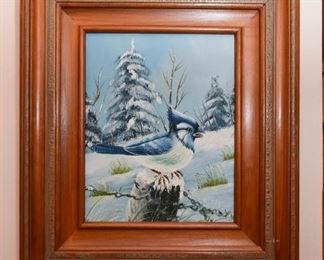 Small Framed Oil Painting of Blue Jay 
