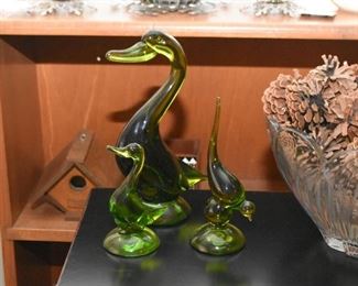 Green Glass Figurines - Ducks & Bird