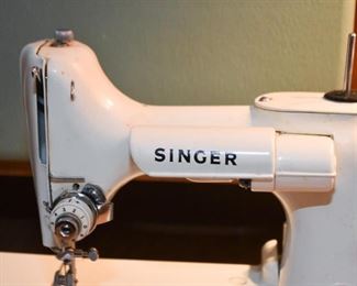Vintage White Singer Portable Sewing Machine with Carry Case