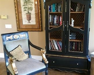EXCELLENT LION HEADED CHAIR & BLACK TALL DISPLAY CABINET.