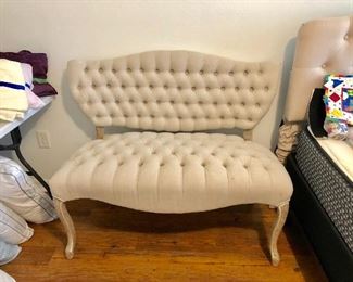 "At Home" Beige Tufted Upholstered Settee w/Queen Anne Legs - $165 - (45W 23D 38H)