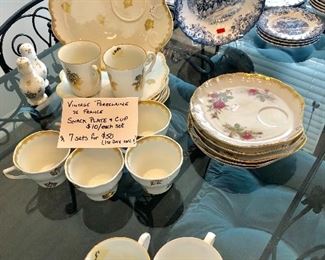 Vintage Porcelaine de France Toast/Snack Plates and Cups - 7 Sets
