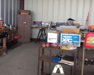 Shelving, Wooden Cabinet, Assorted Gas Cans