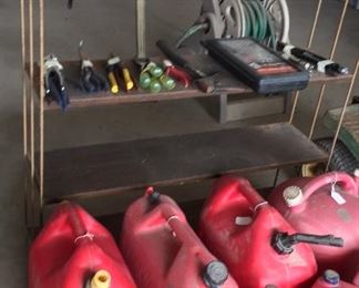 Assorted Gas Cans, Shelving