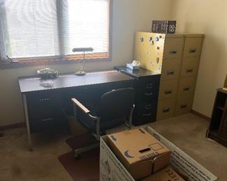 vintage metal desk and chair and file cabinets