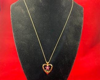 10 Karat Gold Heart Necklace with Diamonds, Rubies, and Emeralds