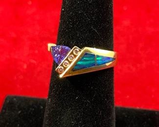 14 Karat Gold Ring with Tanzanite, Diamonds, and Australian Opal