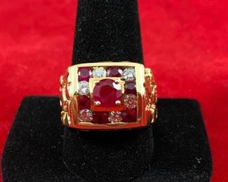 Large 14 Karat Gold Diamond and Ruby Mens Ring