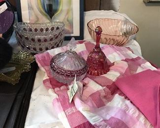 Fostoria, French tablecloth and napkins, and more vintage pink glass