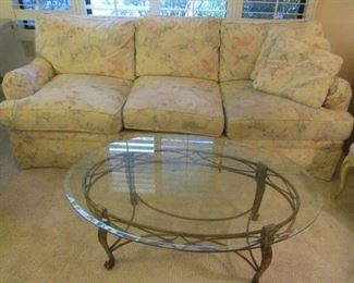 Glass Top/Metal Frame Coffee Table + Sofa