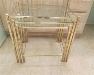 Set of 3-Nesting Tables, Brass & Glass in Bamboo Styling