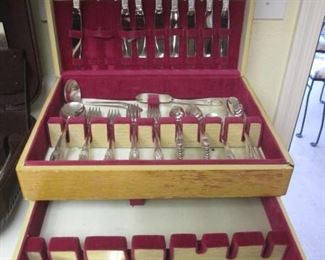 Vintage Rogers Silver Plate Flatware Set in Case, "First Love", 65 Pieces