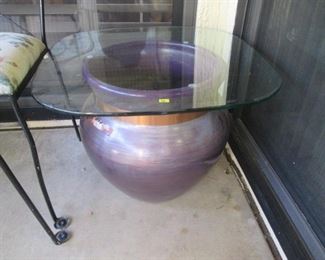 2-Matching Glass-Top Tables on Custom Glazed Copper-Banded Pots, 24" X 24"
