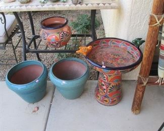 Painted Terra Cotta Birdbath & Pot + Pots for Planting