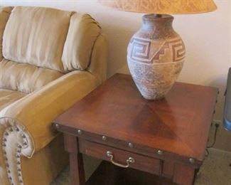 Pair of Detailed End Tables & Pair of Ceramic Southwest-Style Table Lamps