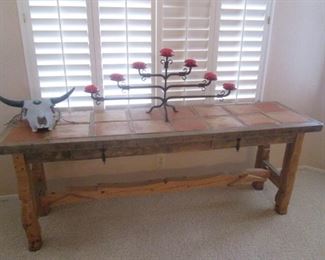 Rustic-Style Library Table with Saltillo-Tile Top, 2-Drawers and Trestle Legs, 76" X 21"
