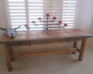 Rustic-Style Library Table with Saltillo-Tile Top,               2-Drawers and Trestle Legs, 76" X 21"