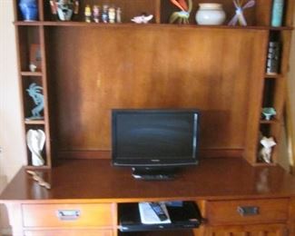 Mission-Style Entertainment Unit; Closed Storage, Shelves & Display Cubbies, 87" X 24".   Opening Size for Flat Screen TV, 51" X 34"