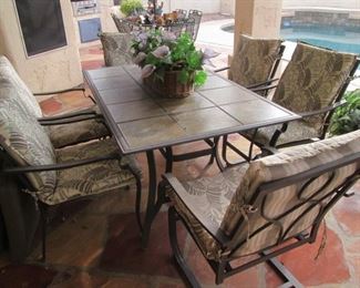 Patio Table with Tile Top/6-Arm Chairs, Cushions,       64" X 40"