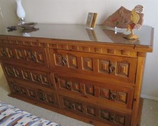 Dresser 72" X 24", with Glass Top, Ornate Heavy Inset Details,  Matching Nightstand