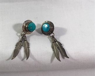 Navajo Sterling & Turquoise Feather Earrings Vintage https://ctbids.com/#!/description/share/236288