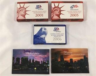 US Mint - Two Silver Proof Sets 2001 & 2005, One 50 State Quarters Proof set 2006 & Two 2008 Uncirc       https://ctbids.com/#!/description/share/236311