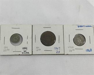1852 & 1868 Three Cent Coins, & 1867 Two Cent Coin (3Pcs)         https://ctbids.com/#!/description/share/236259