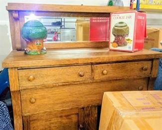 Tiger oak side table - cabinet with mirror  simple style  modern size yet vintage item  Keebler elf Cookie jar with orig. box