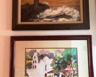 Beautiful watercolor of a California Mission, oil lighthouse painting