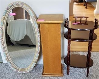 Large Oval Mirror, Oak Pedestal with Storage Inside, Oval Cherry 3 Tier Side Table.