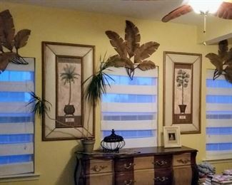 Large Tropical Canvas Palm Paintings, 3 Metal Palm Wall Hangings, Large Palm Tree not Pictured.