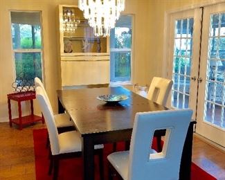 Dark Walnut Dining Table w/Leaf and 4 Vinyl Chairs - $495 - (42W 78L w/18" leaf 30H)