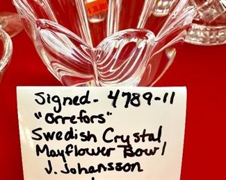 Signed Swedish Crystal Mayflower Bowl -- J. Johansson