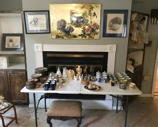 Many dog-themed prints and paintings in this sake; Asian serveware, ceramics, dolls....