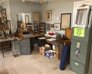 Various office items, vintage desk and filing cabinets, oversized chess set, heaters