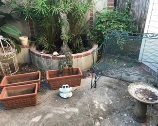 terracotta, fountain sculpture, birdcage, iron porch slider, birdbath