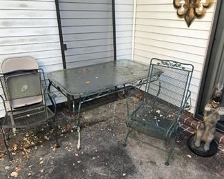 iron and glass table, chairs