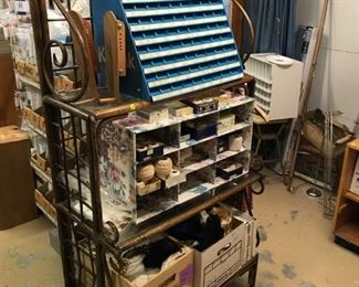 fruitwood "bamboo" baker's rack, display items, boning, threads