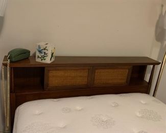 #5 bed American of Martinsville mid century head board w bookcase wicker design full size   $ 100.00