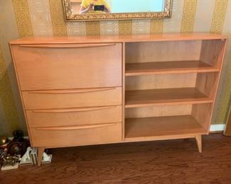 #20 cabinet Heywood Wakefield maple drop down desk w 3 drawers and 3 bookcase 60x13x42  $ 1,000.00