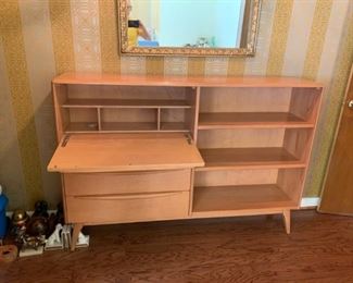 #20 cabinet Heywood Wakefield maple drop down desk w 3 drawers and 3 bookcase 60x13x42  $ 1,000.00