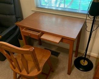 #34 oak desk with drawer and slide out 32x18x26.5  $ 65.00   #35 odd chair Franklin   $ 30.00
