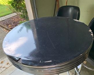 #60 bb misc round black top stainless bar table as is   $65.00