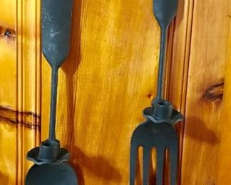 Wrought iron fork and spoon wall hanging candle holders