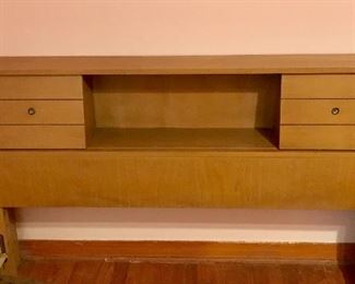 Retro creamy-yellow full-size bed with slide storage headboard