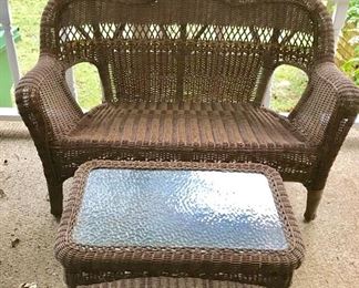 Weatherproof wicker settee and coffee table